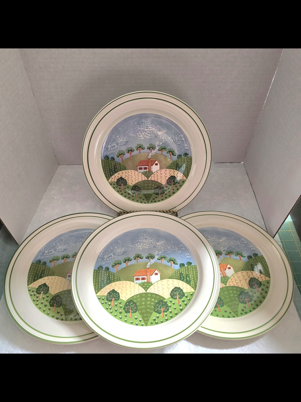 Set Of 4 Sangostone Country Cottage Dinner Plates #3645 Made In KOREA 10 3/4 EUC